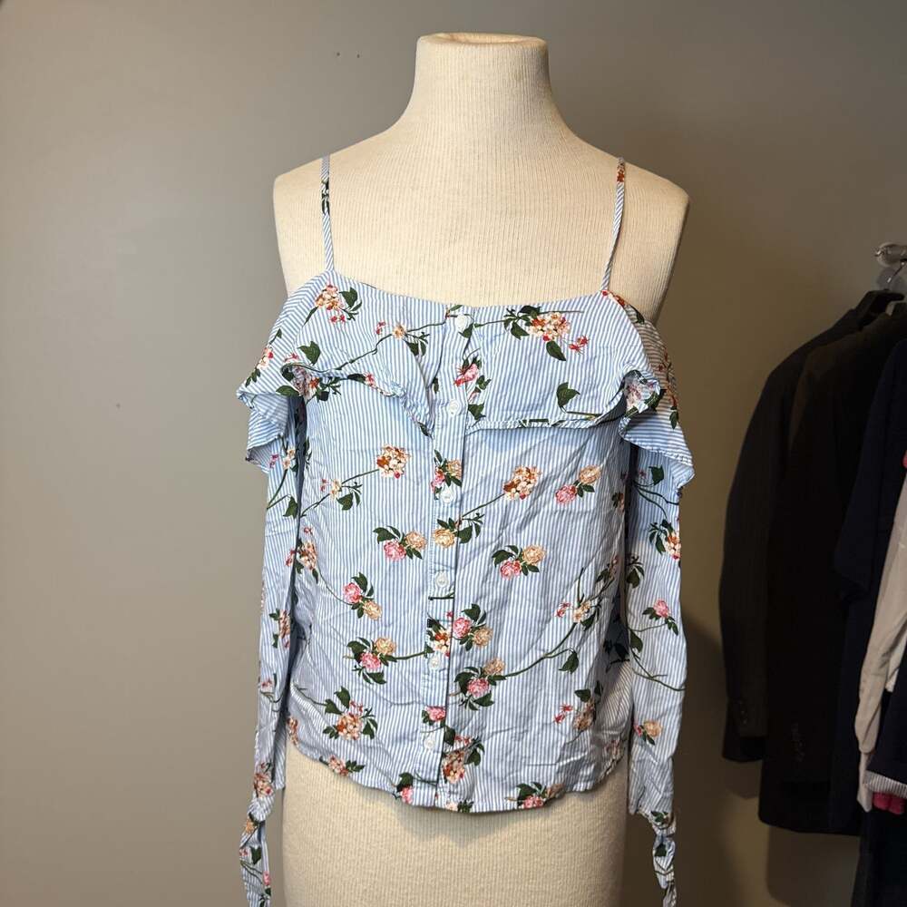 One love Los Angeles cold shoulder blue floral top size small‎